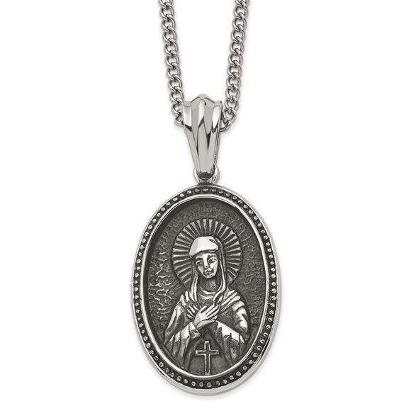 Stainless Steel Large Antiqued Our Lady of Guadalupe Necklace 24 Inch
